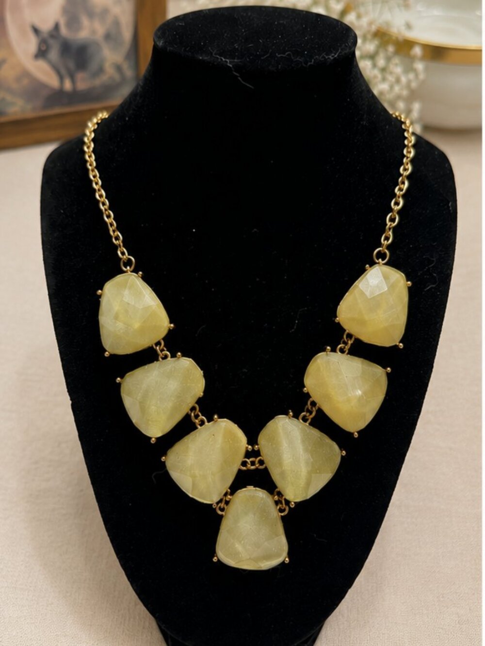 Gold Tone Bib Necklace with Sage Green Faceted Stones